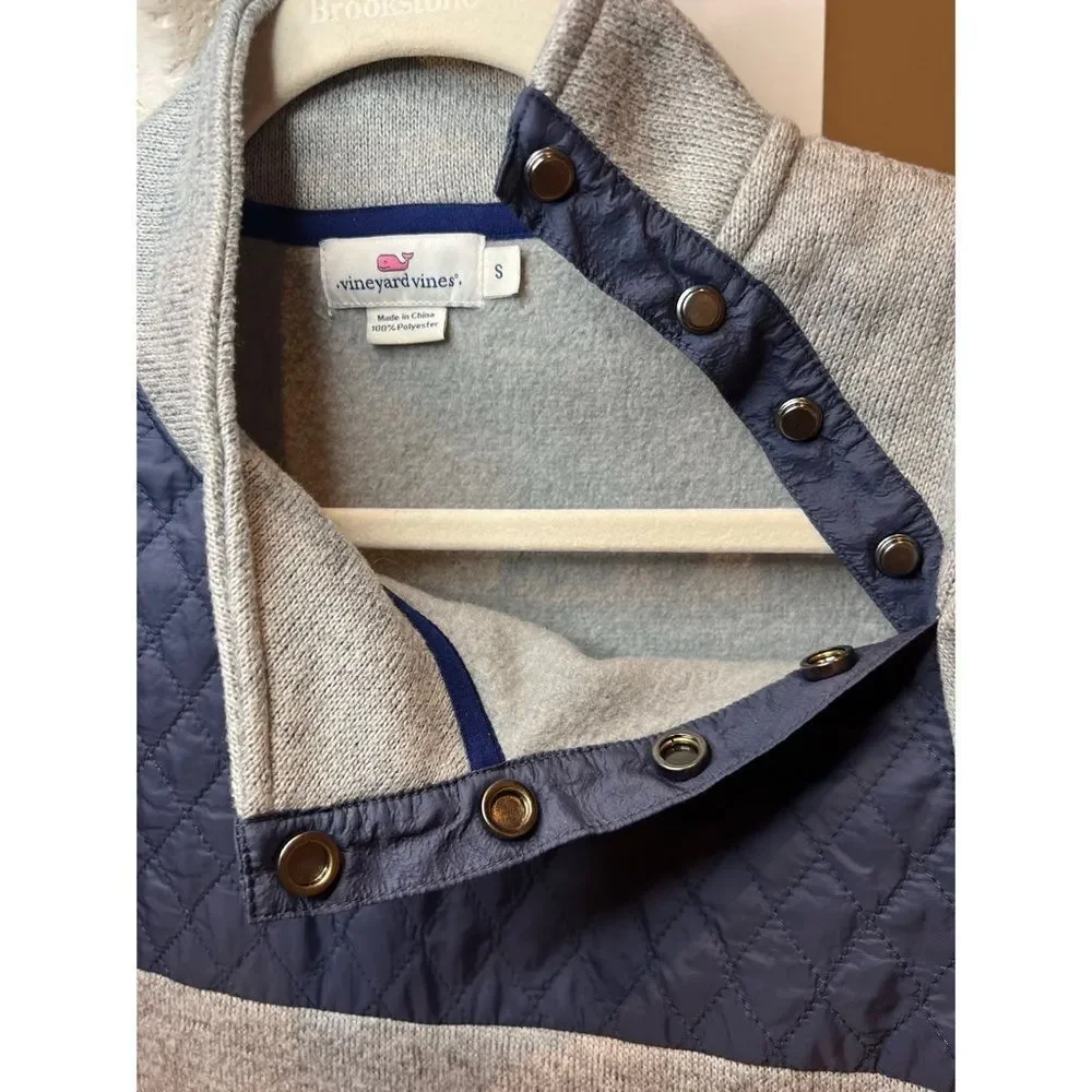 Vineyard Vines Women’s Mixed Media Quilted Pullover Navy Blue Grey Size Small